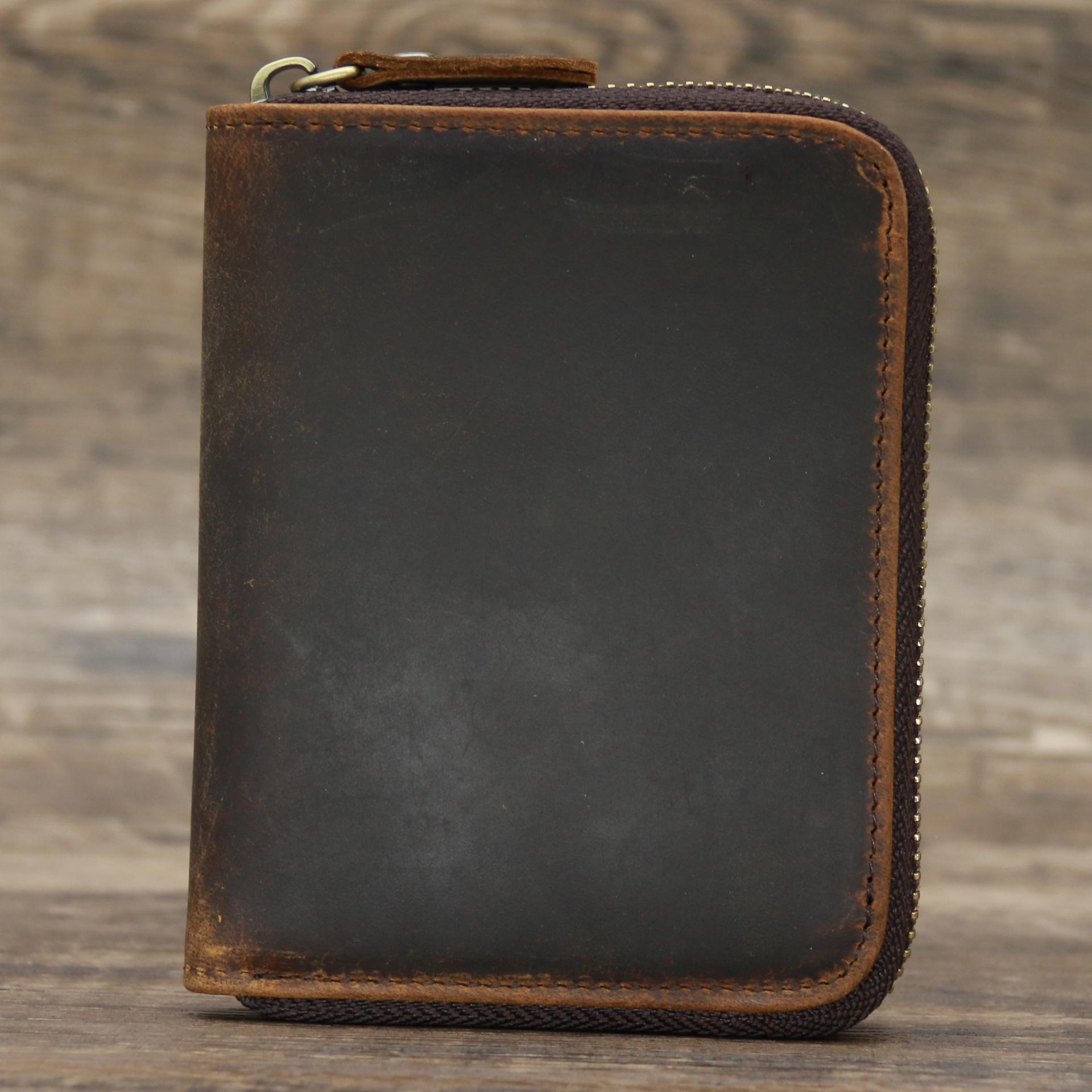 

9039 Мужской кошелек бифолд из кожи Crazy Horse с карманом для монет на молнии, держателем для карт, черный.