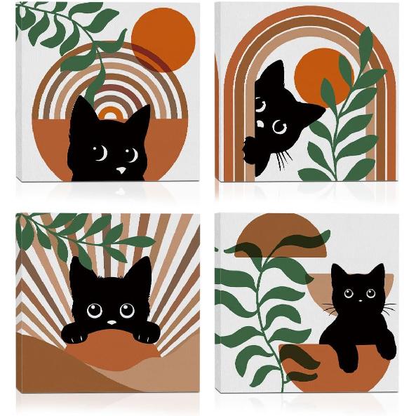 4 PCs Kawaii Japanese Ramen Cats Canvas Wall Art Framed Wall Decor, Cat Lover Gifts, Cat Themed Gifts Art Prints Paintings, Pictures Home Decor for