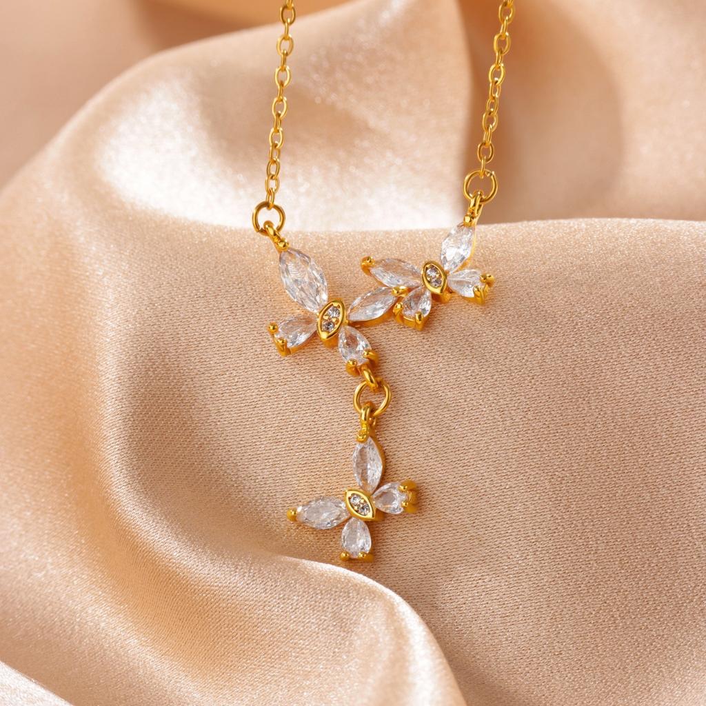 Elegant Three Y-shaped Butterfly Necklaces for Women 18K Gold-plated Stainless Steel Necklace Wedding Jewelry Party Accessories