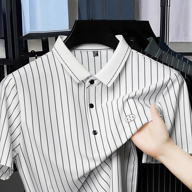 Summer New Men's Short Sleeved T-shirt Middle-aged and Young Vertical Striped Half Sleeved Polo Collar