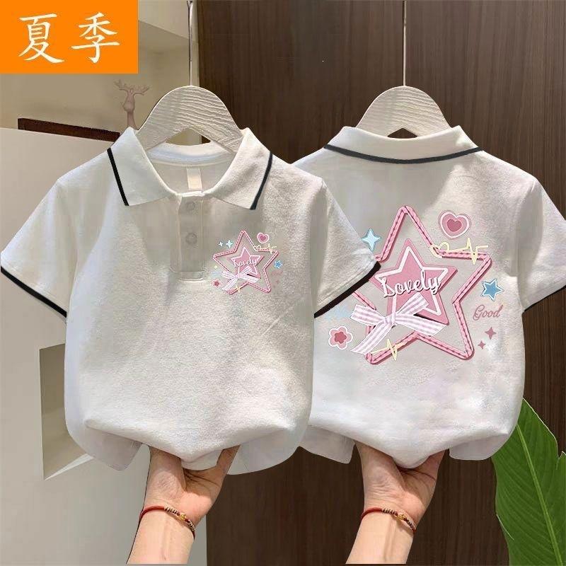 Summer Girls Cartoon Print Polo Shirt Breathable Short Sleeve Top For Big Kids 90