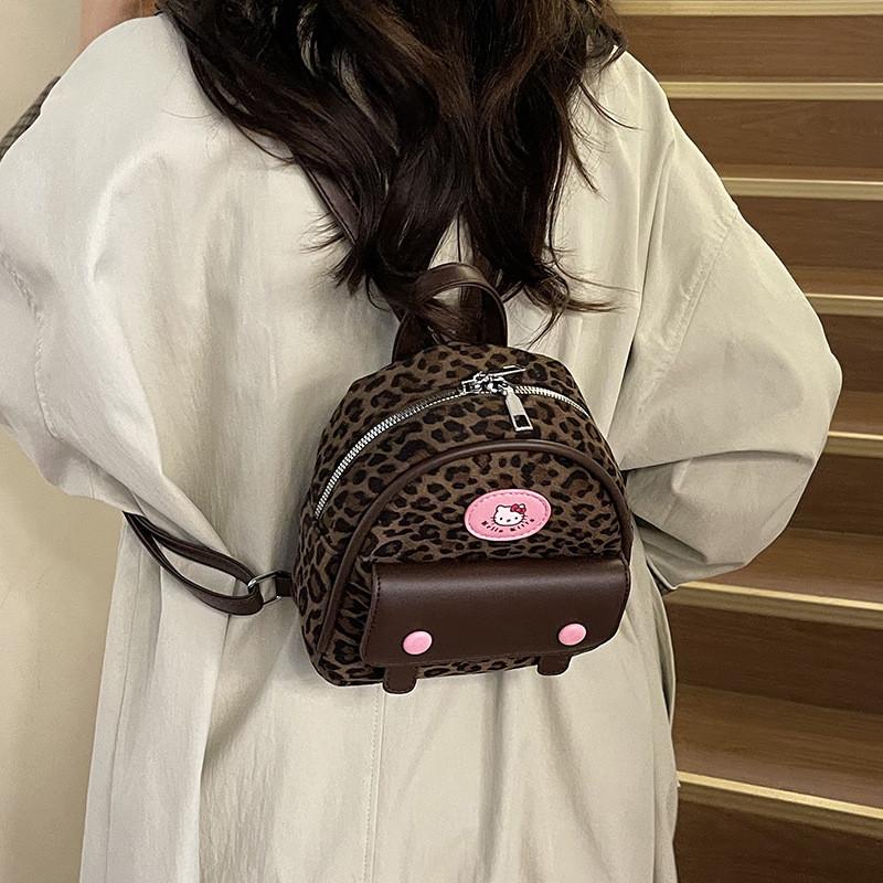 Hello Kitty Fashion Leopard Print Mini Backpack With Zipper Closure For Daily Use