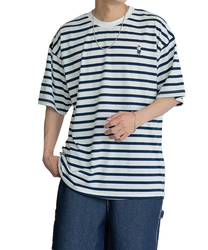 IMPROMES Casual SIDEWAYSTANCE Embroidered Downer Dog Border Short Sleeve T-Shirt, Men's, Off-White X Navy