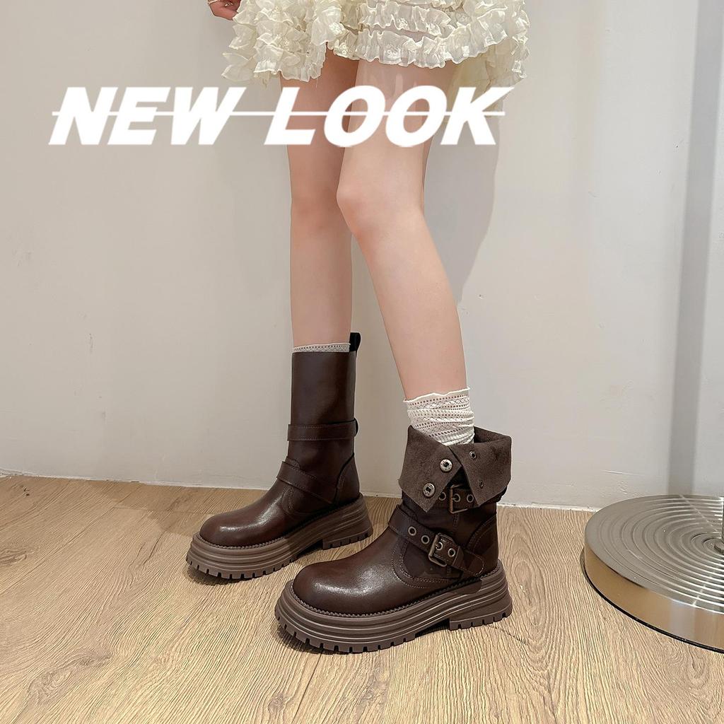 Genuine Leather Fold-over Melaude Martin Women's Height-increasing Mid-calf Boots 2025