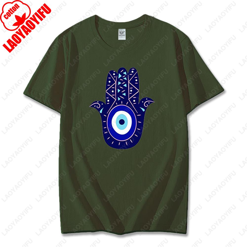 Men Women Hamsa Hand TShirt with Blue Eye of Protection Design Tee Unique Creative Graphic Print Cotton Casual Unisex Tops Gift