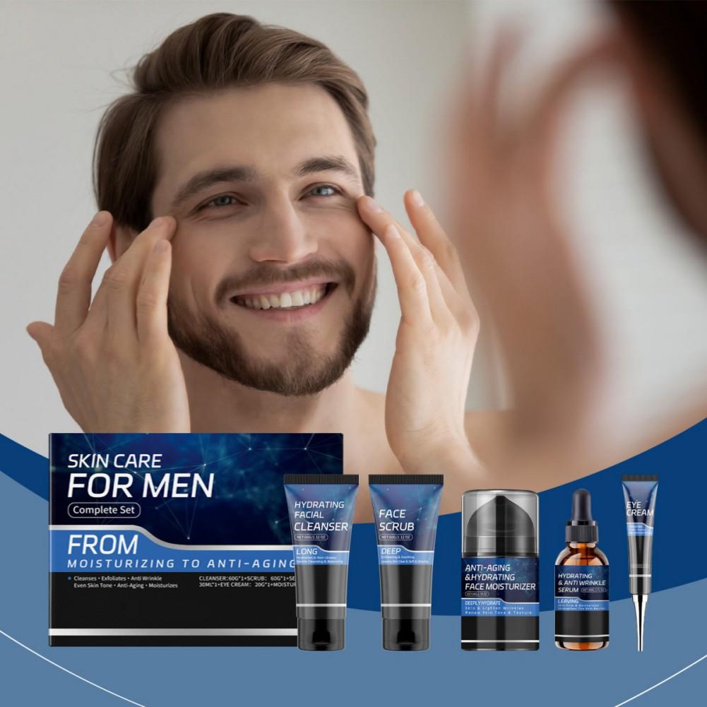 Herren Hautpflege Set Feuchtigkeitsspendender Gesichtsreiniger/Gesichtspeeling/Anti-Aging Gesichtsfeuchtigkeitspflege/Anti-Falten Serum/Augencreme 5 Stück