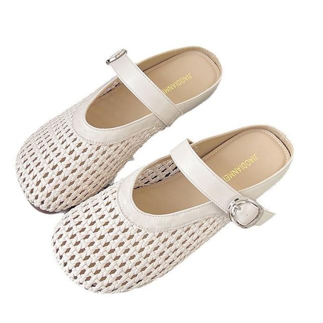 Weiche Lederversion~ Baotou Halbschuhe Damen Sommerbekleidung Mode hohles gewebtes Netz Römisches Boken kühle Hausschuhe Damen