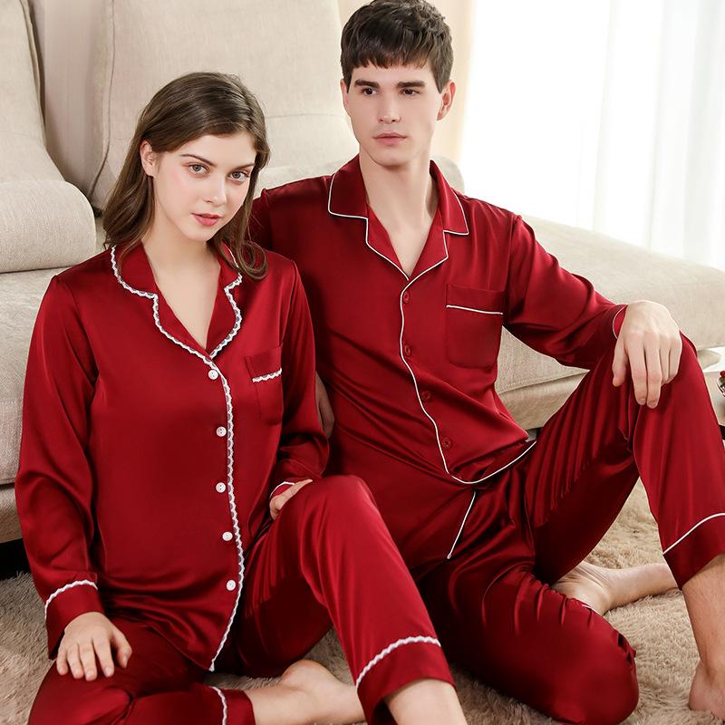 Seiden Langarm Partner Pyjama Set für Frühling, Herbst und Sommer: Herren Eis-Seide, Damen Herbst/Winter-Bekleidung
