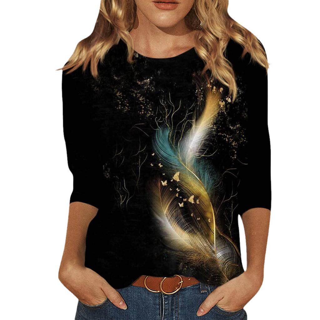 Vår och Höst Rundhals Blommönster 3D Kreativ Personlig Färgglad Tryckt Topp Trendig Casual Långärmad Dam T-shirts