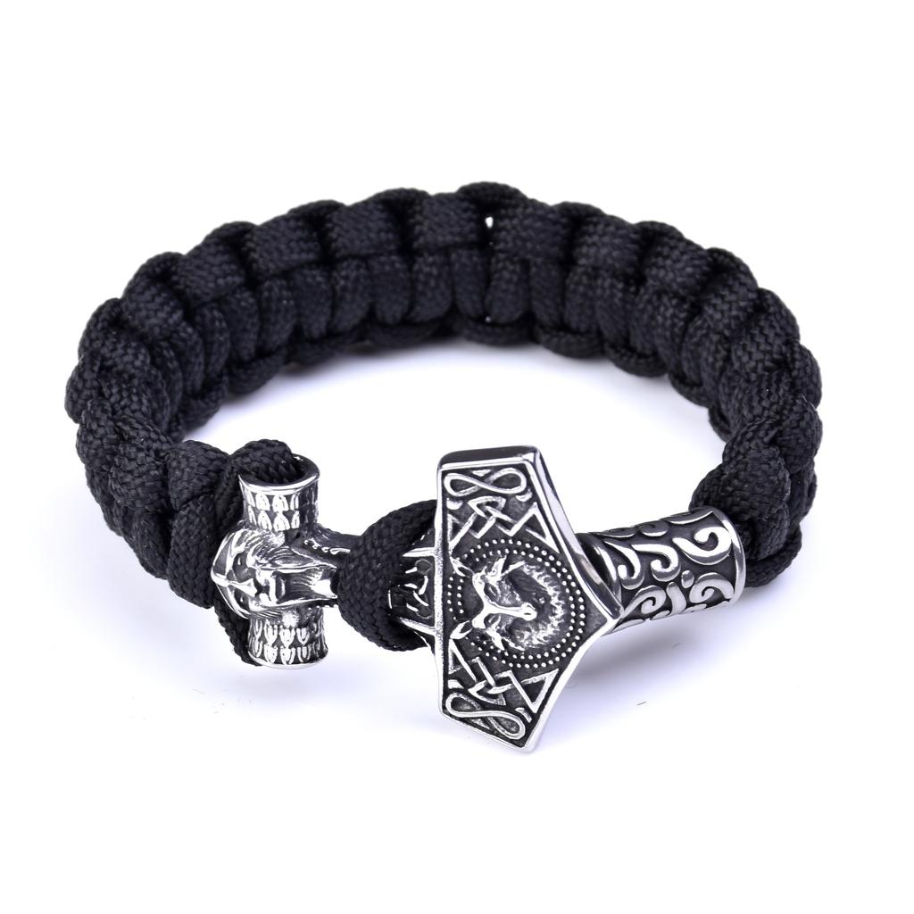 Men's Stainless Steel Ding Portrait Wolf Head Thor's Hammer Umbrella Rope Braided Bracelet Outdoor Sports Bracelet