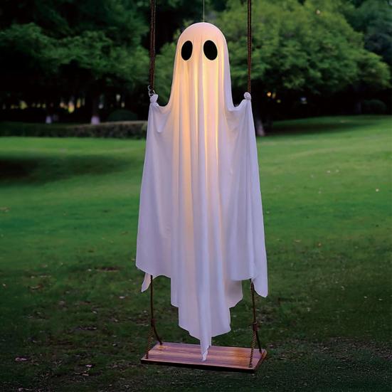 5 FT Hanging Swing Ghost Halloween Decoration LED Lighted Outdoor Large White Ghost Swinging Halloween Decor for Yard Tree Front Porch