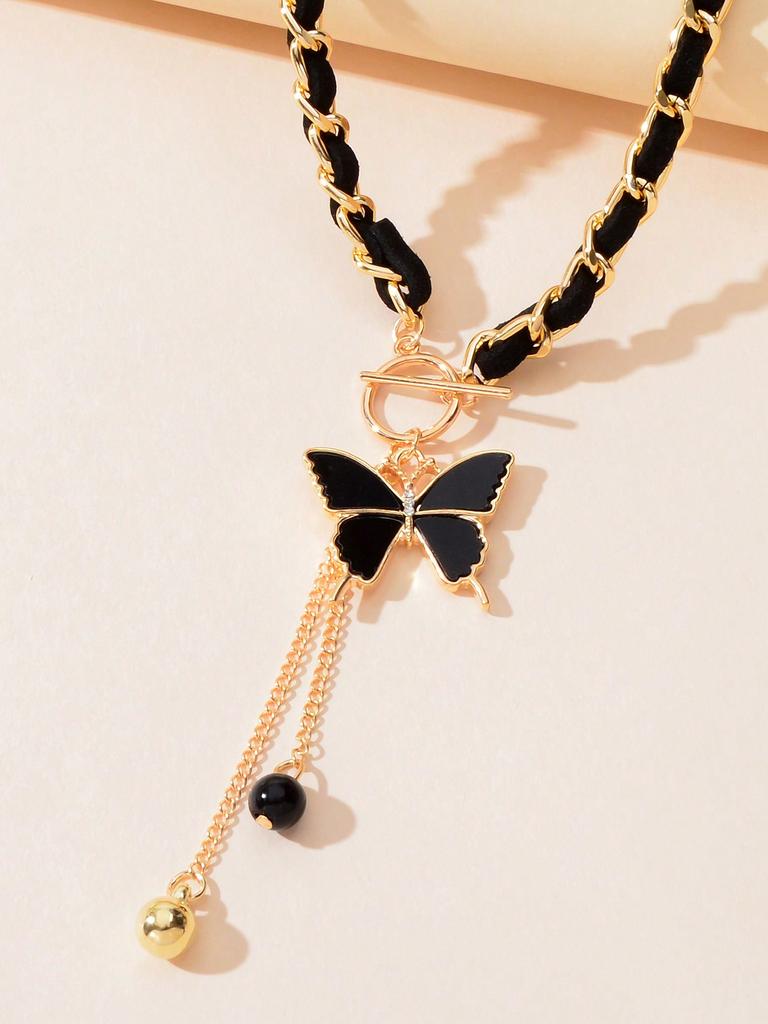 1pc Designer Stylish Cross Charm And Ball Pendant Tassel Braided Long Necklace Women Party Daily Jewelry