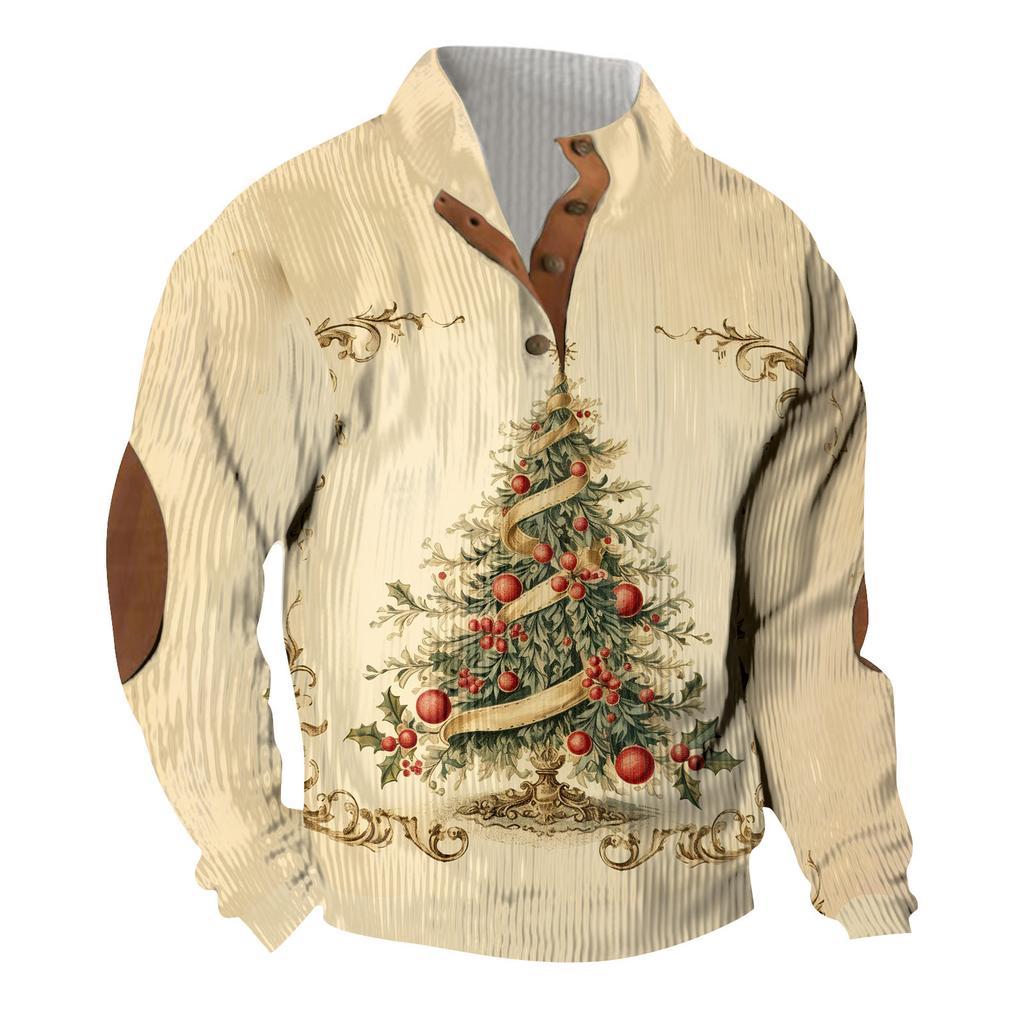 Christmas Print 3-button - Men's Stand Up Collar Sweatshirt, Outdoor Casual Hoodie With Buckle
