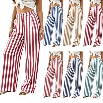Ladies' Striped Casual And Fashionable Breathable Loose Cotton And Linen Pants