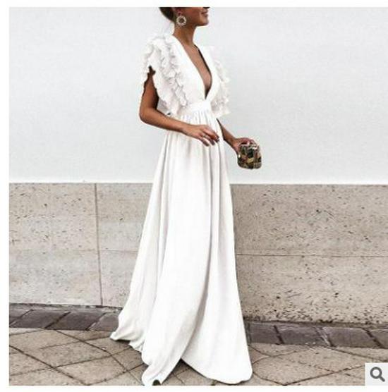 

2026 Spring/Summer Flutter Sleeve V-Neck Backless Solid Color Long Dress for Women XXXL білий