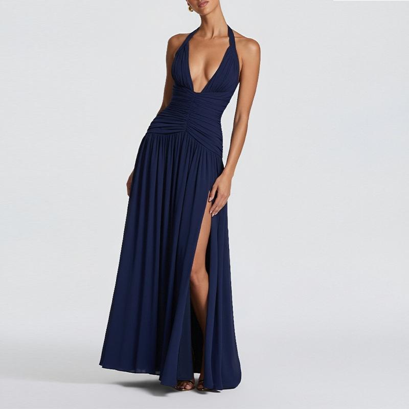 

Spring new, elegant and sexy v-neck pleated slim-fitting dress S тёмно-синий