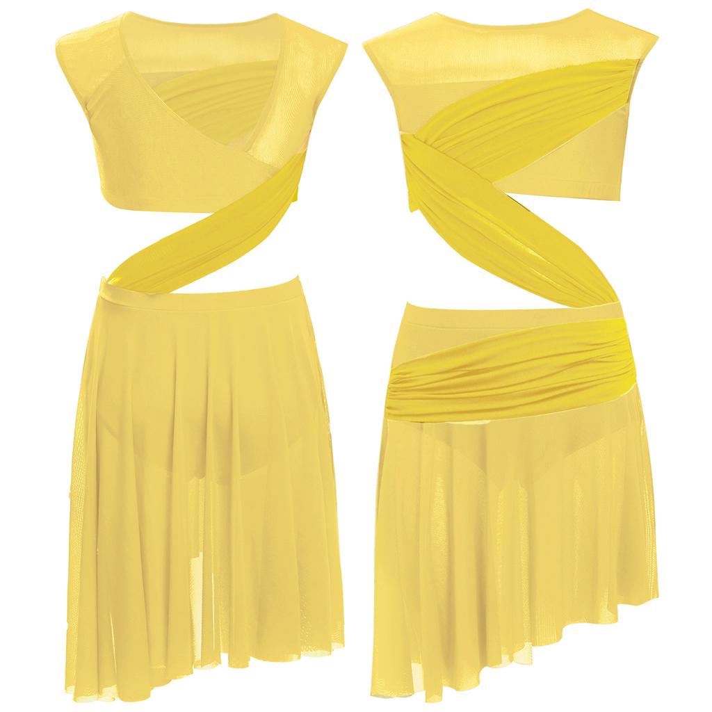 Mergaičių Lyrinio šokio suknelė Vientisa Berankovė Permatomo tinklelio Patchwork Asimetriškas kraštas Pasirodymo kostiumas