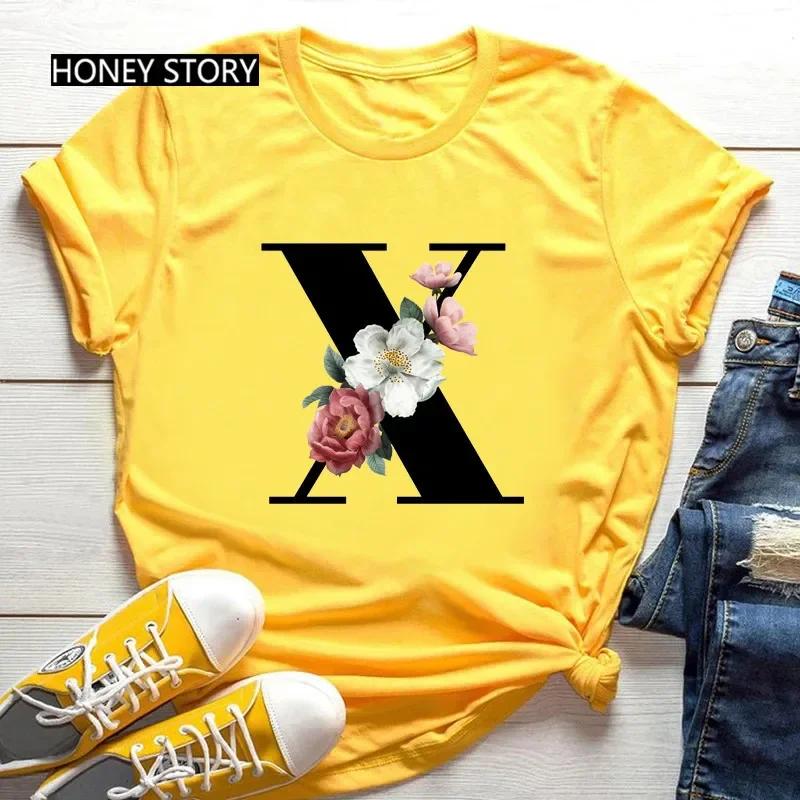 Women's Summer Short Sleeve T-Shirts Fashionable Casual Round Neck 26 English Letters Flower & Name Letter Printed Cotton T-shirts