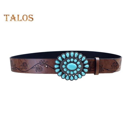 

Ремень в стиле бохо с резным узором из роз и искусственным бирюзовым декором, винтажный пояс в стиле вестерн с застежкой-кнопкой, пояс из искусственной кожи L темно-коричневого
