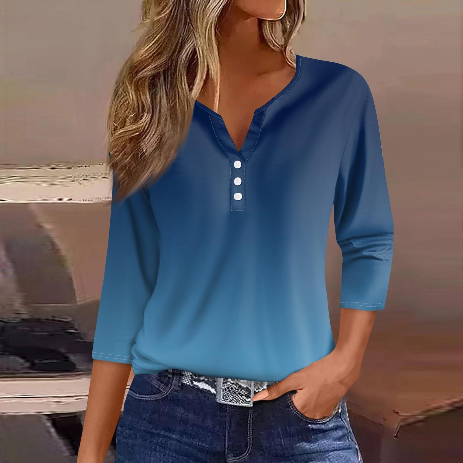 

Women s Gradient V-Neck 3/4 Sleeve Casual Blouse with Button , Lightweight Loose Fit Top for Spring Summer XL синий