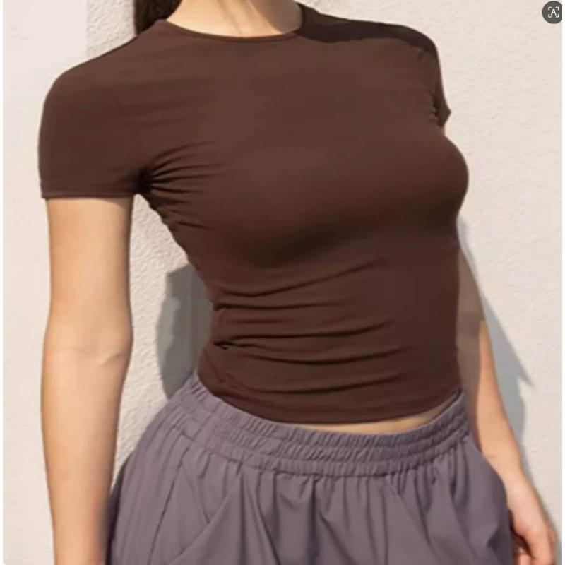Women Round Neck Solid Ribbed High Stretch Short Sleeve Tight Fit Sexy Basic Tee Figure Flattering Casual Layering Top