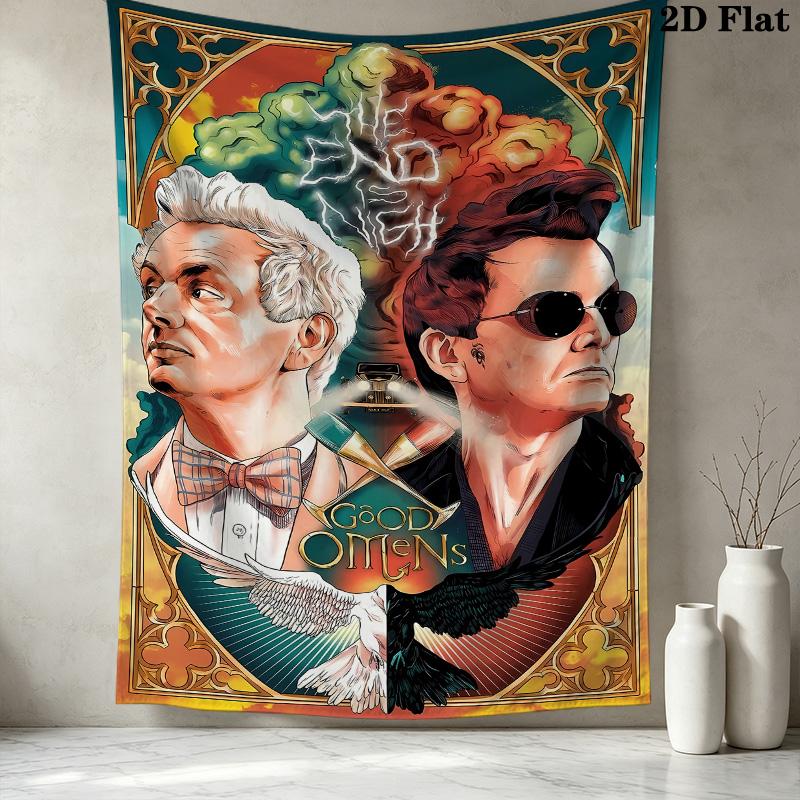 Good Omens Wall Tapestry Aesthetic Wall Hanging Printed Fabric Blanket Decorative Tapestries For Bedroom Living Room Home Decor