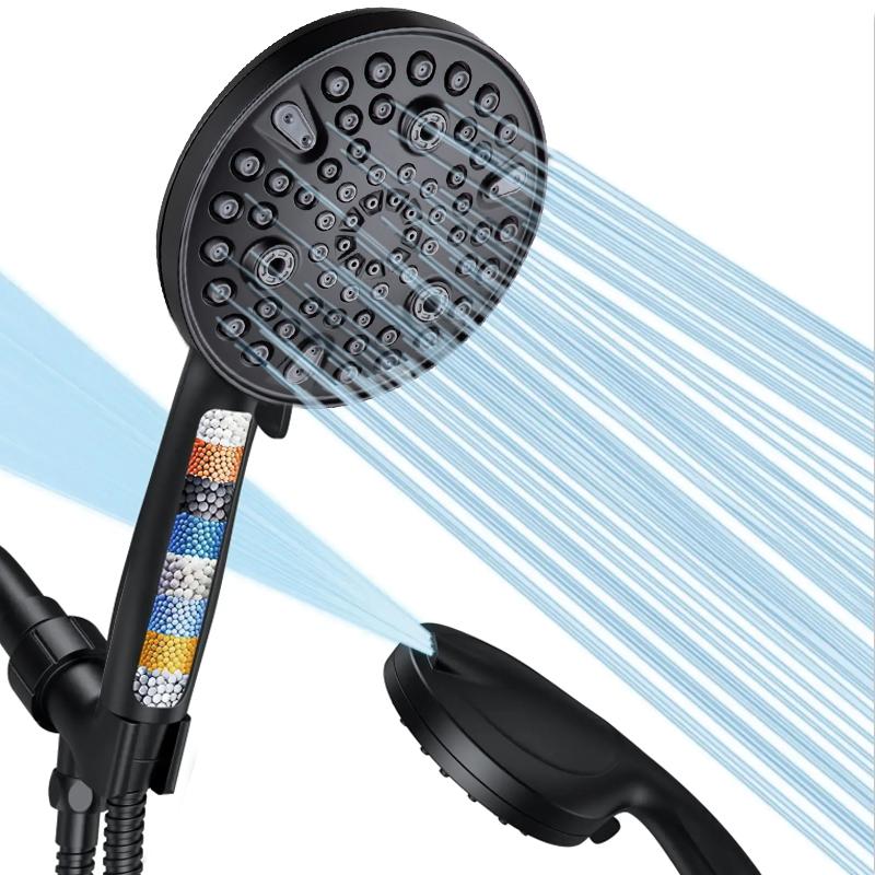 Modern Chrome Handheld Shower Head with 10 Spray Modes High Pressure Single Outlet & Hose Easy Installation for Bathroom Use (Black,ABS)