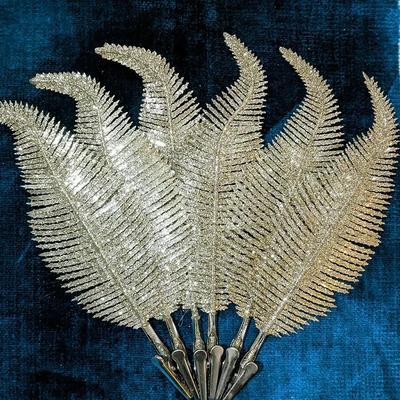 6Pcs Fashion Feathers Simulation Leaf Christmas Tree Ornament Gold Silver Power Glitter Home Decor Plant Wedding Party