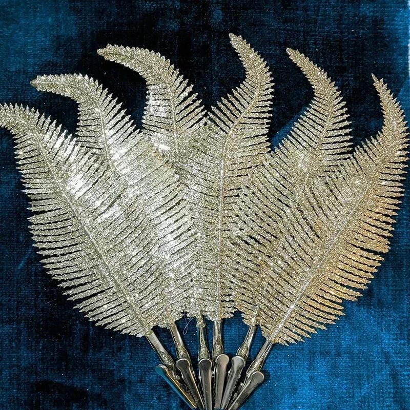 6Pcs Gold Silver Glitter Feathers Christmas Tree Ornament Simulation Leaf Plant Decor Home Wedding
