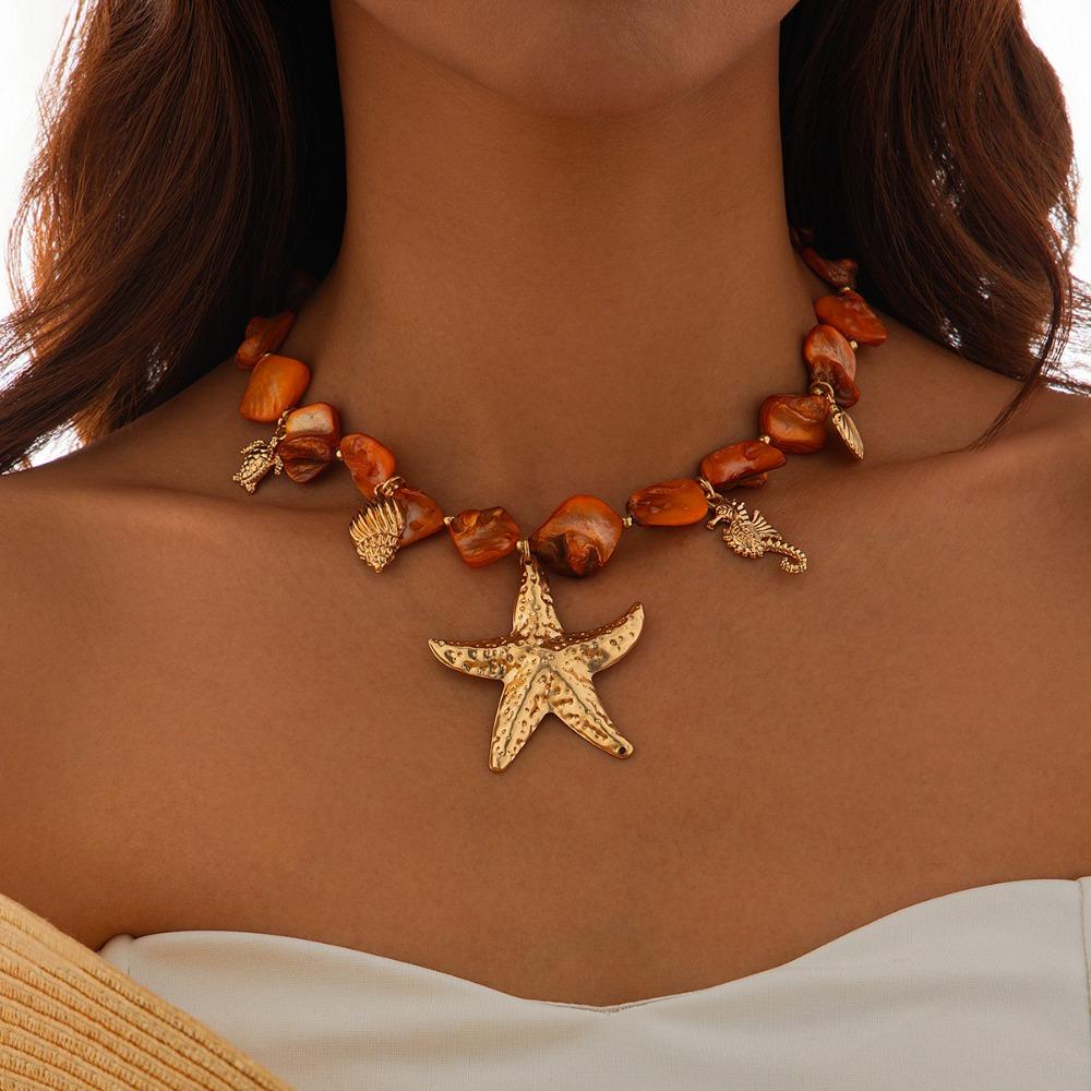 Starfish Conch Pendant Irregular Chain Necklace Bohemian Jewelry  Summer Beach Vacation
