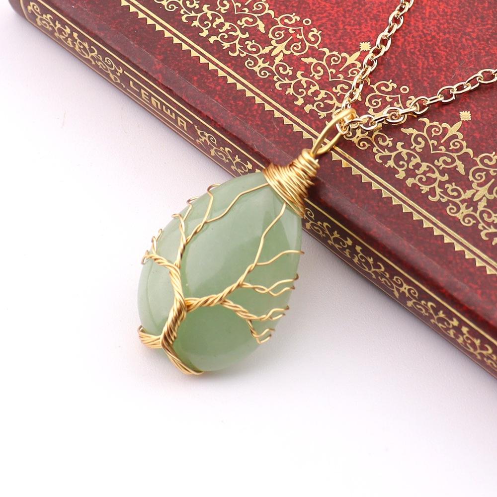 Natural Stone Crystal Agate Water Drop Winding Silk Tree Of Life Pendant Necklace Sweater Chain Water Drop Rough Stone N781