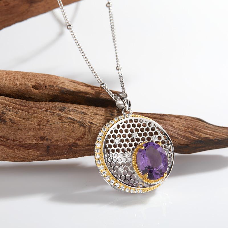 Collana Ciondolo Tesoro di Colore Argento S925 Incastonata con Pietra Preziosa Naturale di Ametista per Donna Moda Semplice e di Alto Senso