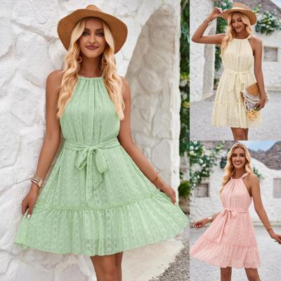 Women Summer Casual Sleeveless Halter Dress High Waist A-Line Belt Short Dresses Solid Color Spring S-XL
