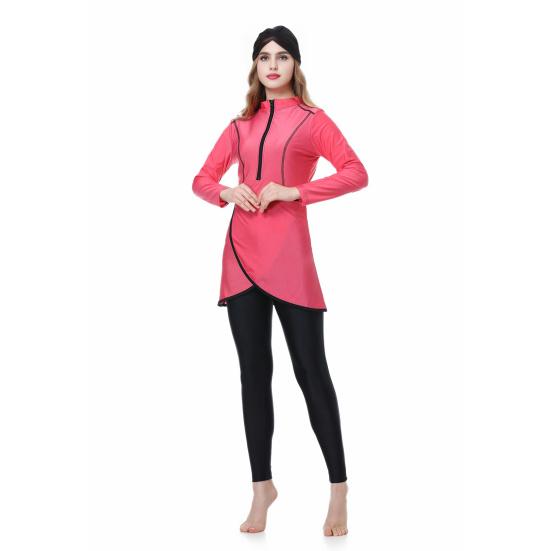 Conjunto de 3 Peças/Conjunto Feminino Maiô Dividido Saia Frontal Fechamento Seguro com Zíper Proteção UV Tops Calças Compridas para Natação Conjunto com Lenço de Cabeça