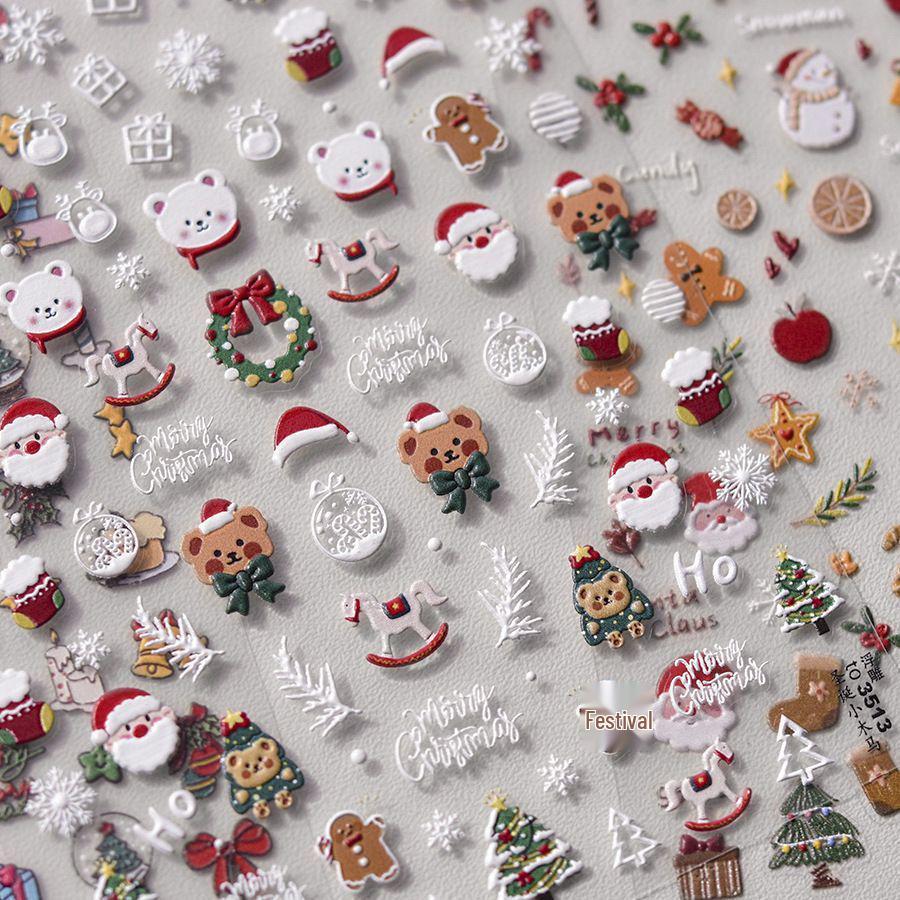 3D Cartoon Christmas Nail Art Stickers: Snowflake & Tree Decals with Back Adhesive