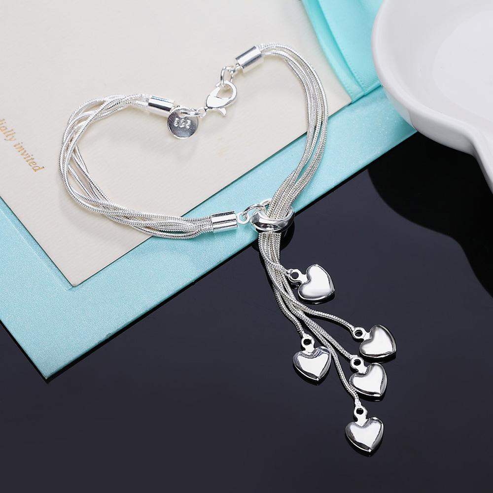 925 Sterling Silver Multi Snake Chain Heart-shaped Pendant Bracelet Wedding Fashion