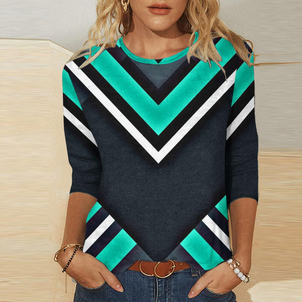 Umělecký geometrický vzor potištěný top Módní kontrastní barva Personalizovaný kulatý výstřih Dámská trička s dlouhým rukávem