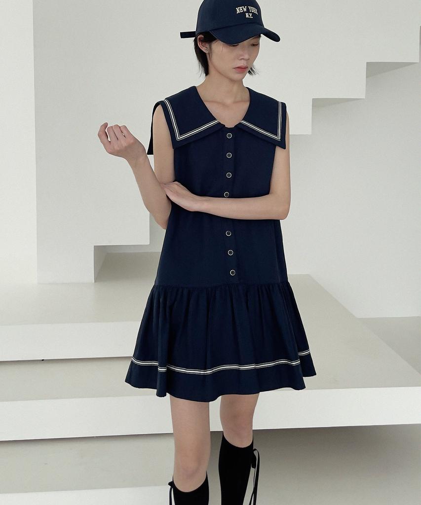 A Leaf Sailor Big Collar Linen Sleeveless Marine Dress (2 Colors)