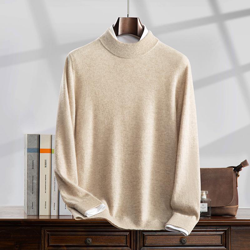 Men's 100% Pure Cashmere Half-High Collar Knit Sweater - Business Casual Long Sleeve Pullover
