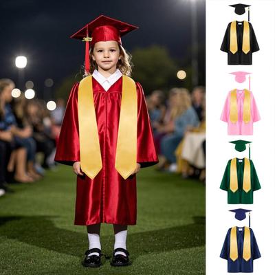 3 peças/conjunto de uniforme de formatura de jardim de infância infantil com chapéu de borla e xale, decote em V, comprimento da panturrilha, manga comprida, fecho de zíper, robe de formatura elementar