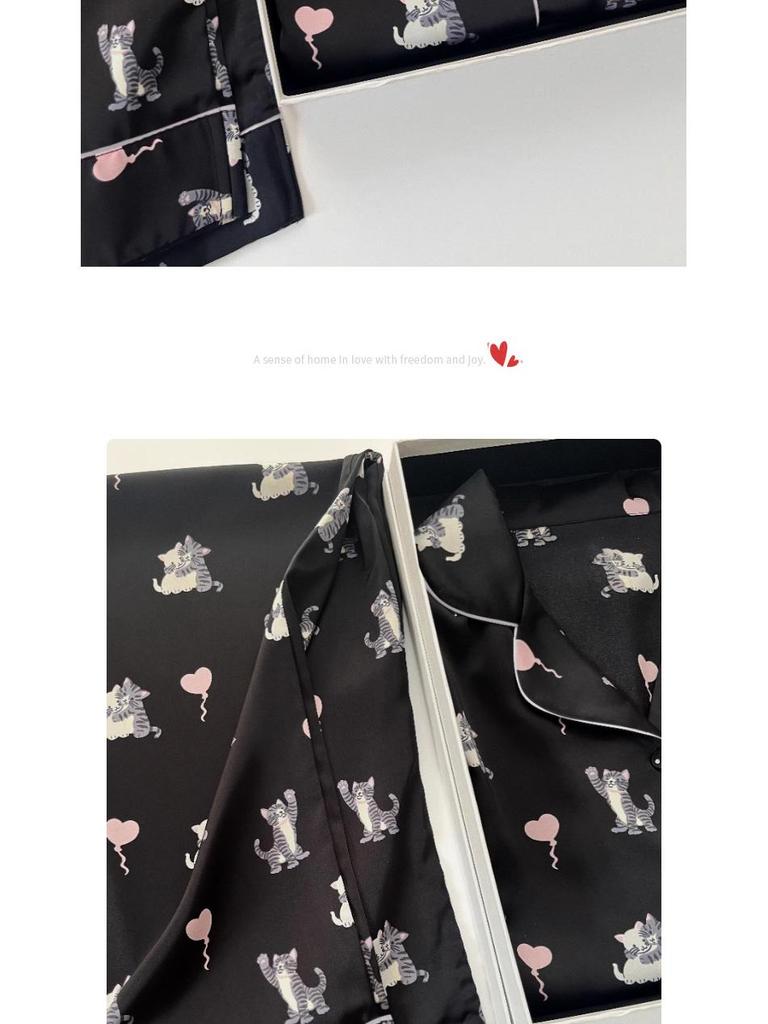 Women's Ice Silk Long-Sleeved Pajamas - Heart Balloon Design, Spring/Summer, Thin Style for Dormitory or Home Wear.