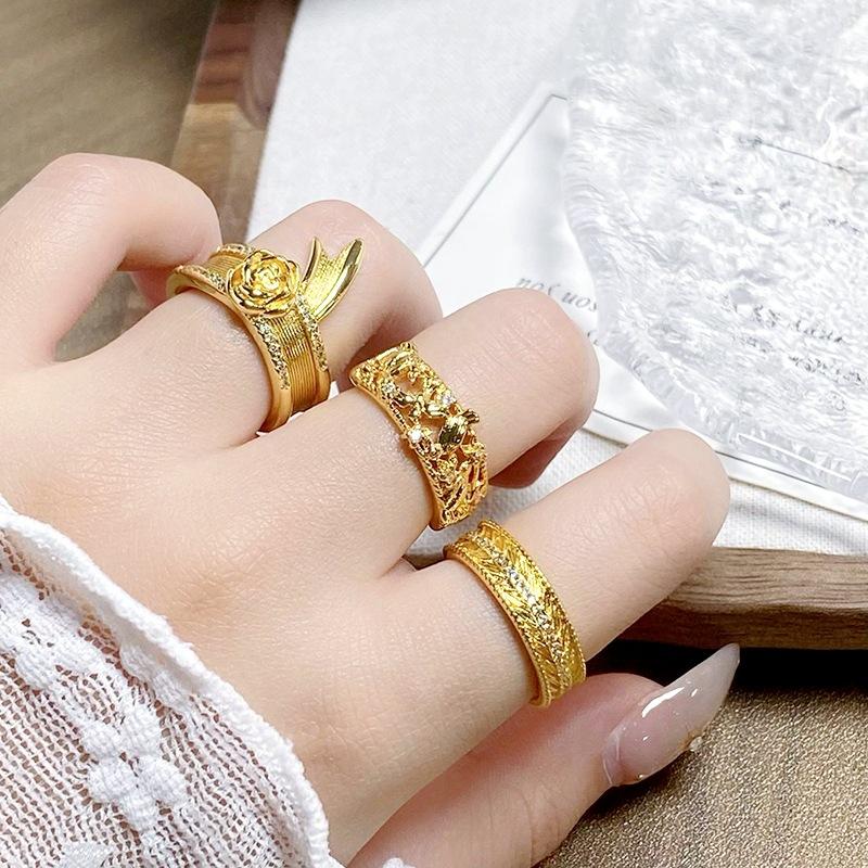 Medieval Vintage Magpie Hollow Flower Brushed Opening Ring Wheat Ear High-End National Style Accessories Women