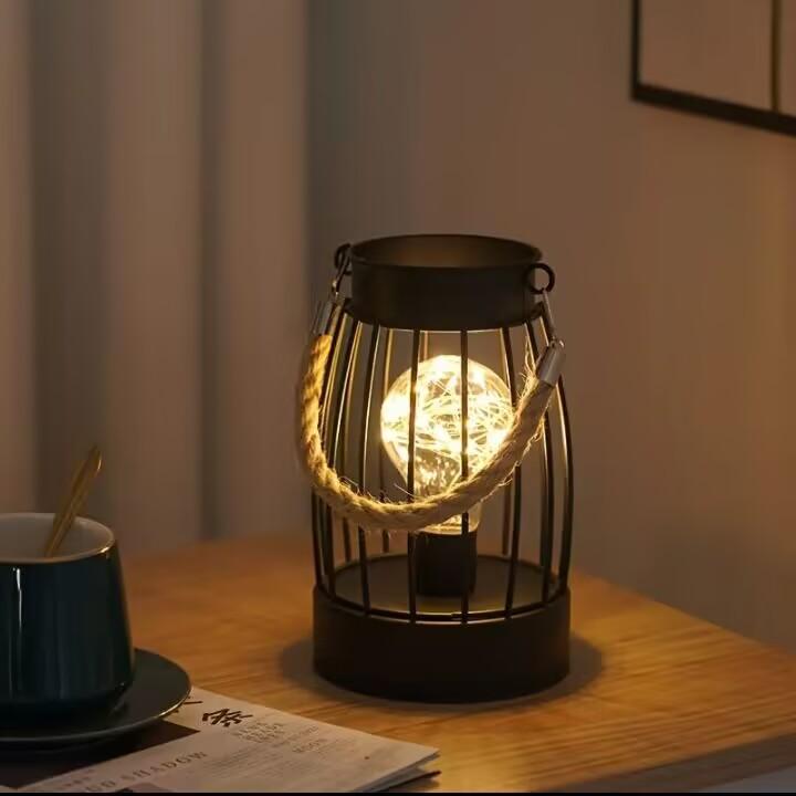 1PC Indoor Iron Wire Cage Design Night Light,Battery-Powered LED Lamp, Decorative Table Lighting for Bedroom, Living Room