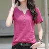Women Summer V Neck Short Sleeve T-shirt Solid Color Waist Slim Korean Style Casual Commuter Blouse With Buttons