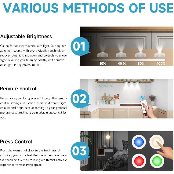 LED Puck Lights with Remote Control, 16 Color Changeable Under Cabinet Lights with Control & Timing, Battery Operated Wireless Closet Lights for