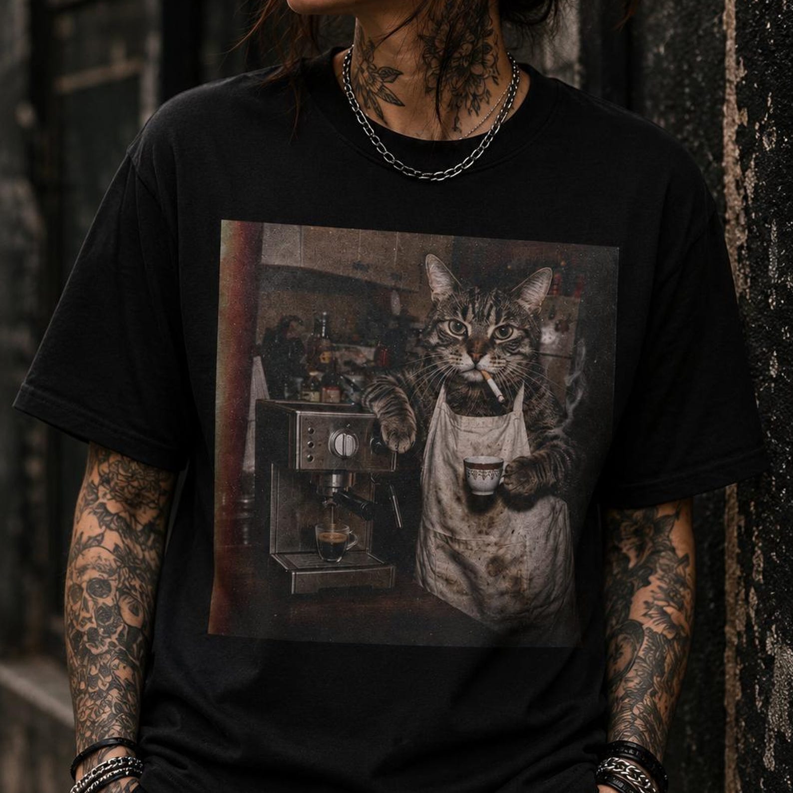 Smoking Cat Coffee Shirt, Vintage Barista Cat Tee, Retro Espresso Cat Graphic T-Shirt 4XL