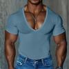 Herren Deep V-Ausschnitt Kurzarm T-Shirt Slim Fit Muskel Lässig Einfarbiges Oberteil