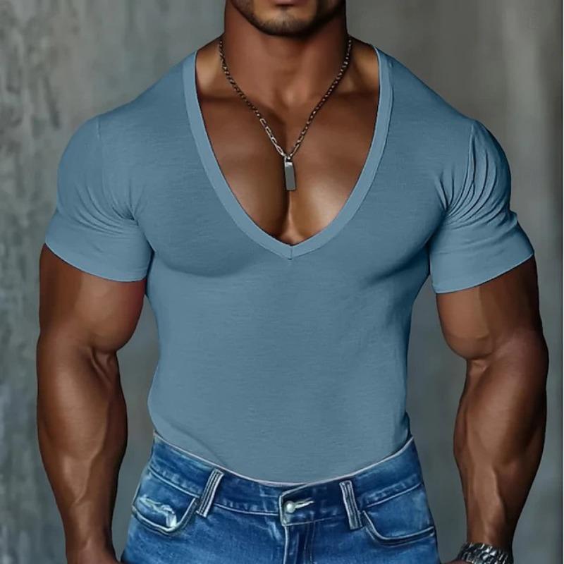 Herren Deep V-Ausschnitt Kurzarm T-Shirt Slim Fit Muskel Lässig Einfarbiges Oberteil