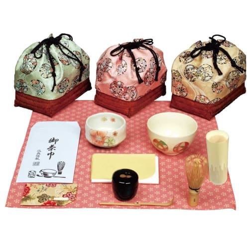 Genji Basket Set for Tea Ceremony (Outdoor Tea Ceremony) (Rikyu Tea Bowl, Small Tea Bowl, Resin Natsume (Small Resin Tea Cup), Chasen (Tea Whisk), Bam