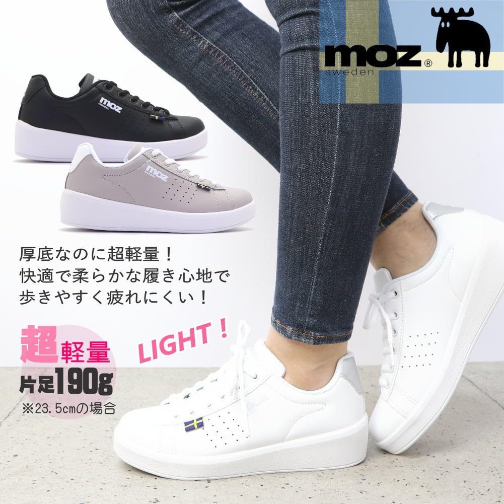 Mozu Platform Court Casual Size 19612 Women's Lace-Up Sneakers, White/Silver, 25.0cm, No.